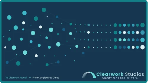 A dot-to-solid network diagram in Clearwork's brand colors, resolving from scattered dots into an ordered grid, for The Clearwork Journal — From Complexity to Clarity